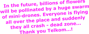 In the future, billions of flowers will be pollinated by a huge swarm of mini-drones. Everyone is flying all over the place and suddenly they all crash - dead zone... Thank you Telkom…!